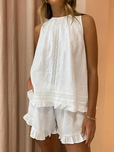Womens Ruffle Pajamas Set Cotton 2 Piece Short Sets Fashion Summer Sleeveless Lace Trim Top and Shorts in Kuwait