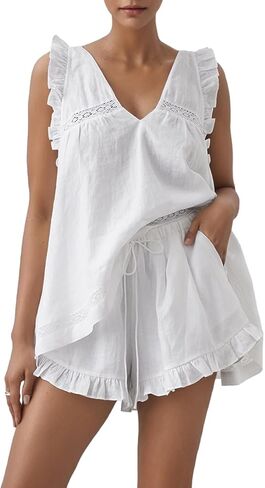 Womens Ruffle Pajamas Set Cotton 2 Piece Short Sets Fashion Summer Sleeveless Lace Trim Top and Shorts in Kuwait