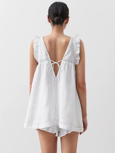 Womens Ruffle Pajamas Set Cotton 2 Piece Short Sets Fashion Summer Sleeveless Lace Trim Top and Shorts in Kuwait
