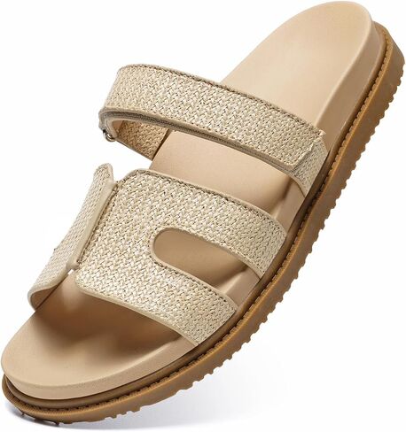 ZEENXIUYA Women's Slide Sandals with Adjustable Velcro, Arch Support Summer Beach Slides, Comfort Lightweight Cushion Slip on H-Strap Leather Open Toe Flat Sandal in Kuwait