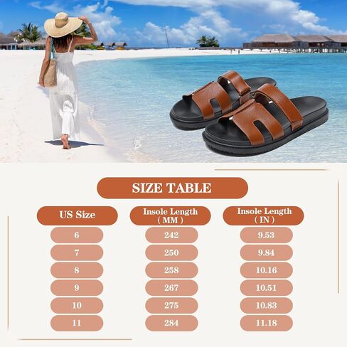 ZEENXIUYA Women's Slide Sandals with Adjustable Velcro, Arch Support Summer Beach Slides, Comfort Lightweight Cushion Slip on H-Strap Leather Open Toe Flat Sandal in Kuwait