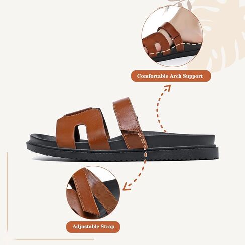 ZEENXIUYA Women's Slide Sandals with Adjustable Velcro, Arch Support Summer Beach Slides, Comfort Lightweight Cushion Slip on H-Strap Leather Open Toe Flat Sandal in Kuwait