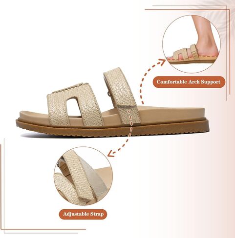 ZEENXIUYA Women's Slide Sandals with Adjustable Velcro, Arch Support Summer Beach Slides, Comfort Lightweight Cushion Slip on H-Strap Leather Open Toe Flat Sandal in Kuwait