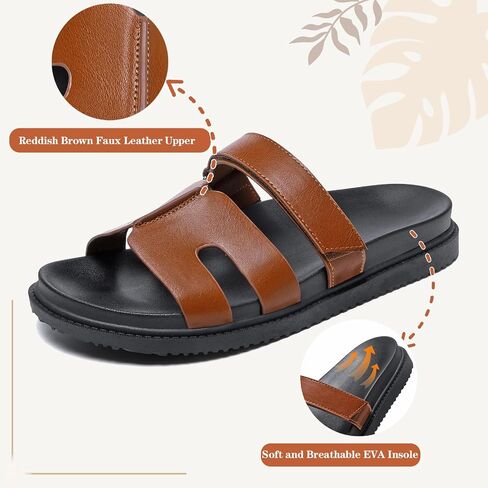 ZEENXIUYA Women's Slide Sandals with Adjustable Velcro, Arch Support Summer Beach Slides, Comfort Lightweight Cushion Slip on H-Strap Leather Open Toe Flat Sandal in Kuwait