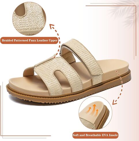 ZEENXIUYA Women's Slide Sandals with Adjustable Velcro, Arch Support Summer Beach Slides, Comfort Lightweight Cushion Slip on H-Strap Leather Open Toe Flat Sandal in Kuwait