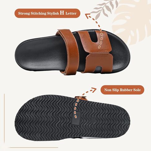 ZEENXIUYA Women's Slide Sandals with Adjustable Velcro, Arch Support Summer Beach Slides, Comfort Lightweight Cushion Slip on H-Strap Leather Open Toe Flat Sandal in Kuwait