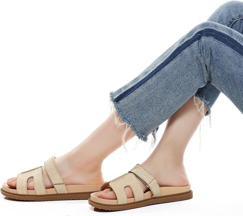 ZEENXIUYA Women's Slide Sandals with Adjustable Velcro, Arch Support Summer Beach Slides, Comfort Lightweight Cushion Slip on H-Strap Leather Open Toe Flat Sandal in Kuwait
