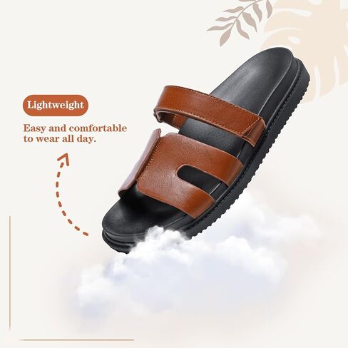 ZEENXIUYA Women's Slide Sandals with Adjustable Velcro, Arch Support Summer Beach Slides, Comfort Lightweight Cushion Slip on H-Strap Leather Open Toe Flat Sandal in Kuwait