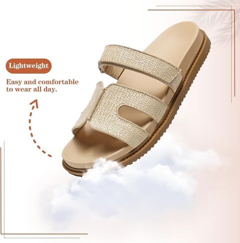 ZEENXIUYA Women's Slide Sandals with Adjustable Velcro, Arch Support Summer Beach Slides, Comfort Lightweight Cushion Slip on H-Strap Leather Open Toe Flat Sandal in Kuwait