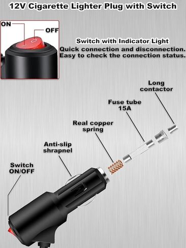 12V Cigarette Lighter Plug with Switch On Off, 15FT 16AWG Heavy Duty Cigarette Lighter Male Plug Replacement with Leads & LED, Male Cigarette Lighter Plug Adapter Cable Cord for Car, RV in Saudi Arabia