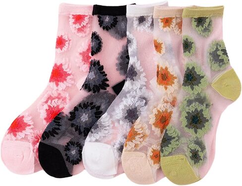 Verdusa Women's 5 Pairs Floral Patterned Sheer Mid Calf Socks Mesh Summer Cute Crew Socks in Saudi Arabia