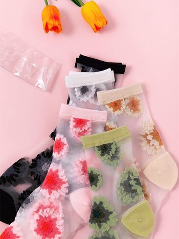 Verdusa Women's 5 Pairs Floral Patterned Sheer Mid Calf Socks Mesh Summer Cute Crew Socks in Saudi Arabia