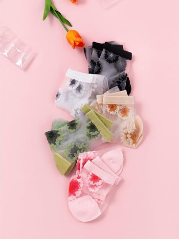 Verdusa Women's 5 Pairs Floral Patterned Sheer Mid Calf Socks Mesh Summer Cute Crew Socks in Saudi Arabia