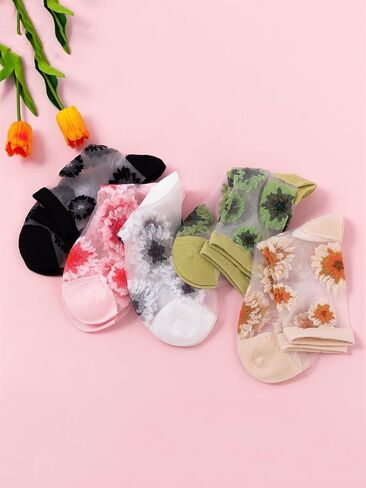 Verdusa Women's 5 Pairs Floral Patterned Sheer Mid Calf Socks Mesh Summer Cute Crew Socks in Saudi Arabia