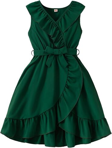 Toddler Girls Special Occasion Dresses with Belt Sleeveless V-Neck Ruffle Hem Elegant Dress in Kuwait
