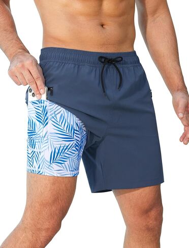 Mens Swim Trunks with Printed Compression Liner Quick Dry Bathing Suits 6" Beach Swimming Shorts with Zipper Pockets in Saudi Arabia