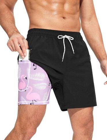 Mens Swim Trunks with Printed Compression Liner Quick Dry Bathing Suits 6" Beach Swimming Shorts with Zipper Pockets in Saudi Arabia