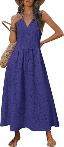 Newshows Women's 2025 Summer Maxi Dresses Halter V Neck Eyelet Hollow Out Long Flowy Beach Vacation Boho Dress with Pockets in Kuwait