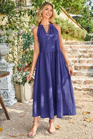 Newshows Women's 2025 Summer Maxi Dresses Halter V Neck Eyelet Hollow Out Long Flowy Beach Vacation Boho Dress with Pockets in Kuwait