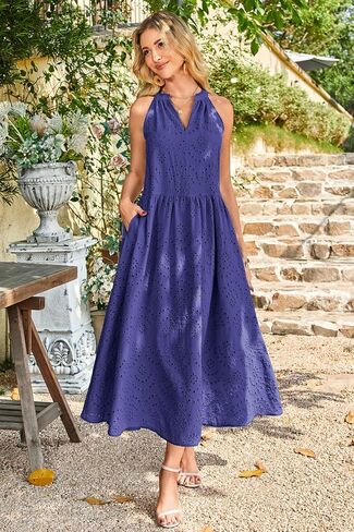 Newshows Women's 2025 Summer Maxi Dresses Halter V Neck Eyelet Hollow Out Long Flowy Beach Vacation Boho Dress with Pockets in Kuwait