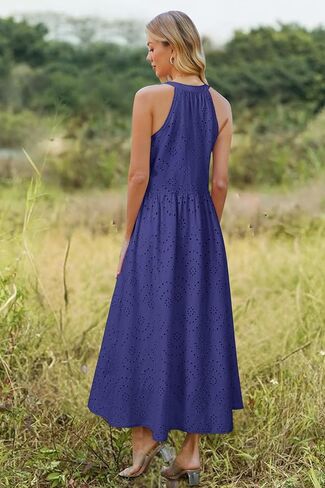 Newshows Women's 2025 Summer Maxi Dresses Halter V Neck Eyelet Hollow Out Long Flowy Beach Vacation Boho Dress with Pockets in Kuwait