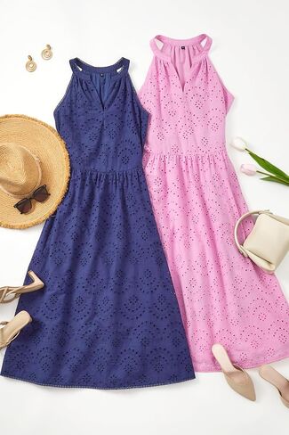 Newshows Women's 2025 Summer Maxi Dresses Halter V Neck Eyelet Hollow Out Long Flowy Beach Vacation Boho Dress with Pockets in Kuwait