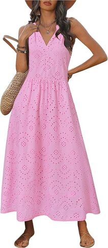 Newshows Women's 2025 Summer Maxi Dresses Halter V Neck Eyelet Hollow Out Long Flowy Beach Vacation Boho Dress with Pockets in Kuwait