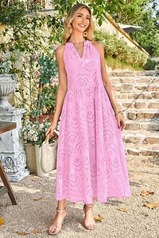 Newshows Women's 2025 Summer Maxi Dresses Halter V Neck Eyelet Hollow Out Long Flowy Beach Vacation Boho Dress with Pockets in Kuwait