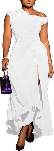 Seltaon Women Sleeveless One Shoulder Dress High Split Asymmetrical Ruched Elegant A-Line Flowy Dresses Wedding Guest in Kuwait