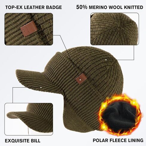 Top-EX XL/XXL 50 ٪ Merino Wool Brim Beanie مع اللوحات الأذن المبطنة على جميع مقاوم للطقس مقاوم للماء in Saudi Arabia