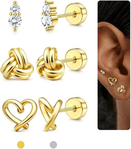 3 Pairs Gold Plated Flat Back Earrings for Women 925 Sterling Silver Post Tragus Cartilage Earring Set for Multiple Piercing Trendy Flatback Stud Earrings in Saudi Arabia