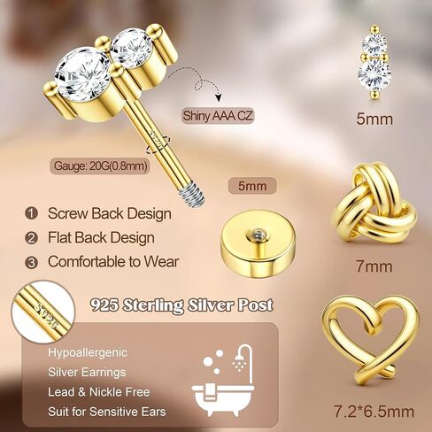 3 Pairs Gold Plated Flat Back Earrings for Women 925 Sterling Silver Post Tragus Cartilage Earring Set for Multiple Piercing Trendy Flatback Stud Earrings in Saudi Arabia