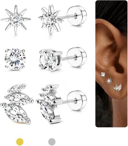 3 Pairs Gold Plated Flat Back Earrings for Women 925 Sterling Silver Post Tragus Cartilage Earring Set for Multiple Piercing Trendy Flatback Stud Earrings in Saudi Arabia