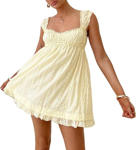 Women Sleeveless Mini Sundress Floral Embroidery Elastic Waist Aline Dress Square Neck Babydoll Short Dress in Saudi Arabia