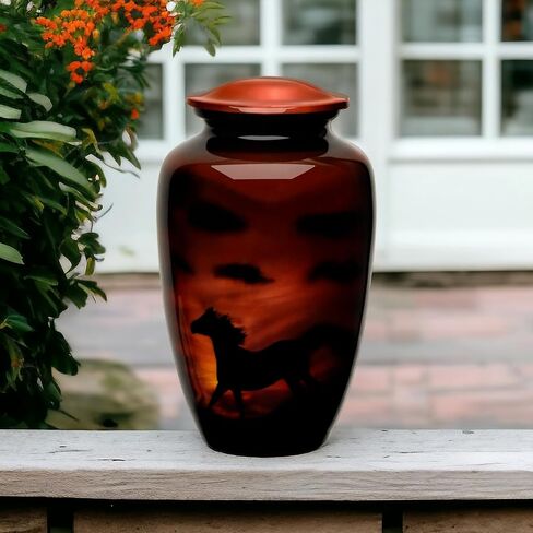 جرة جنازة صغيرة من Forever URNS مع موضوع حصان الجري المطبوع للرماد البشري للإناث والذكور | 3 متر مكعب في | صغير | بني | مصنوع يدويًا بالكامل مع صندوق حماية مخملي in Kuwait
