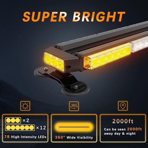 38" 78 LED Emergency Rooftop Strobe Light Bar Safety Traffic Advisor Warning Hazard Light Double Side Flashing with Magnetic Base for Work Truck Vehicles Construction Tow Pickup (Amber/White) in Kuwait