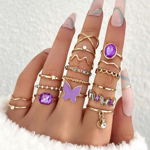 Knuckle Rings for Women Stackable Rings Set Dainty Gold Rings Boho Midi Finger Ring Purple Butterfly Statement Ring Trendy Aesthetic Jewelry in Saudi Arabia