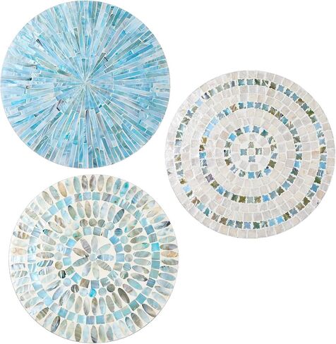 Tioncy 3 Pcs 11.8 Inches Mother of Pearl Shell Plate Coastal Wall Art Mosaic Wall Sculpture Shell Handmade Hanging Wall Plates Arts for Summer Spring Bedroom Bathroom Home Office Hotel(Blue) in Saudi Arabia