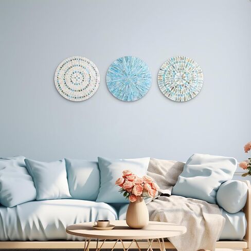 Tioncy 3 Pcs 11.8 Inches Mother of Pearl Shell Plate Coastal Wall Art Mosaic Wall Sculpture Shell Handmade Hanging Wall Plates Arts for Summer Spring Bedroom Bathroom Home Office Hotel(Blue) in Saudi Arabia
