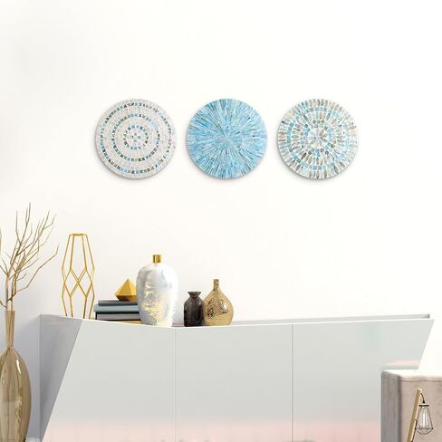 Tioncy 3 Pcs 11.8 Inches Mother of Pearl Shell Plate Coastal Wall Art Mosaic Wall Sculpture Shell Handmade Hanging Wall Plates Arts for Summer Spring Bedroom Bathroom Home Office Hotel(Blue) in Saudi Arabia