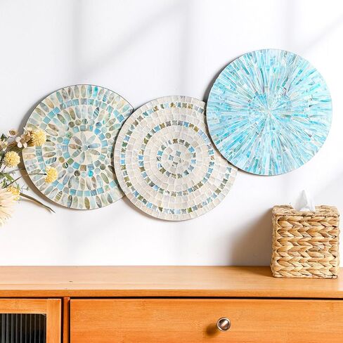 Tioncy 3 Pcs 11.8 Inches Mother of Pearl Shell Plate Coastal Wall Art Mosaic Wall Sculpture Shell Handmade Hanging Wall Plates Arts for Summer Spring Bedroom Bathroom Home Office Hotel(Blue) in Saudi Arabia