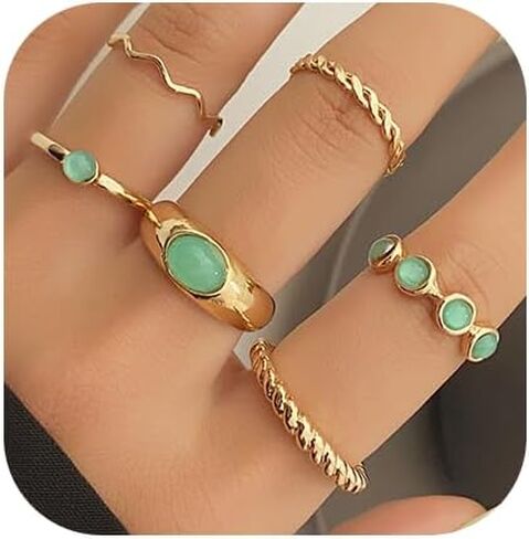 4-6PCS Vintage Stackable Knuckle Ring for Women Turquoise Resin Green Red Gem Ring Set Gold Twist Finger Rings in Saudi Arabia