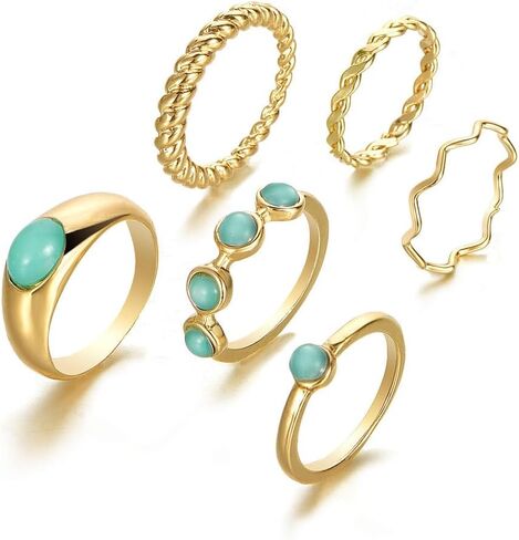 4-6PCS Vintage Stackable Knuckle Ring for Women Turquoise Resin Green Red Gem Ring Set Gold Twist Finger Rings in Saudi Arabia