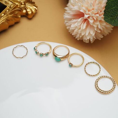 4-6PCS Vintage Stackable Knuckle Ring for Women Turquoise Resin Green Red Gem Ring Set Gold Twist Finger Rings in Saudi Arabia