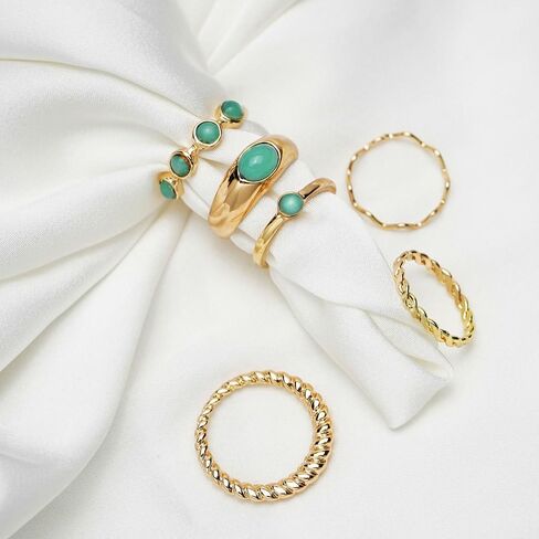 4-6PCS Vintage Stackable Knuckle Ring for Women Turquoise Resin Green Red Gem Ring Set Gold Twist Finger Rings in Saudi Arabia