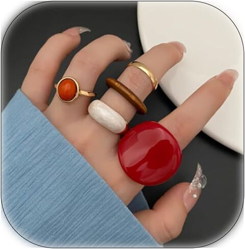 4-6PCS Vintage Stackable Knuckle Ring for Women Turquoise Resin Green Red Gem Ring Set Gold Twist Finger Rings in Saudi Arabia