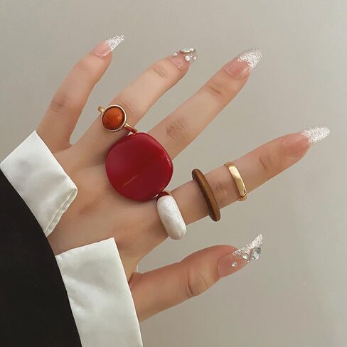 4-6PCS Vintage Stackable Knuckle Ring for Women Turquoise Resin Green Red Gem Ring Set Gold Twist Finger Rings in Saudi Arabia