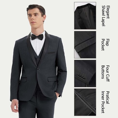 Mens 3 Pieces Suit Slim Fit Tuxedo for Men Shawl Lapel One Button Wedding Prom Party Dinner Jacket Vest Pants Set in Kuwait