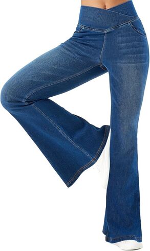 Bell Bottom Jeans for Women High Waisted Stretchy Flare Jeans Pull On Crossover Wide Leg Flared Pants with Pockets in Kuwait