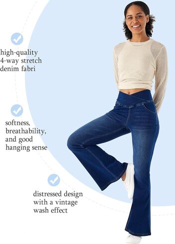 Bell Bottom Jeans for Women High Waisted Stretchy Flare Jeans Pull On Crossover Wide Leg Flared Pants with Pockets in Kuwait